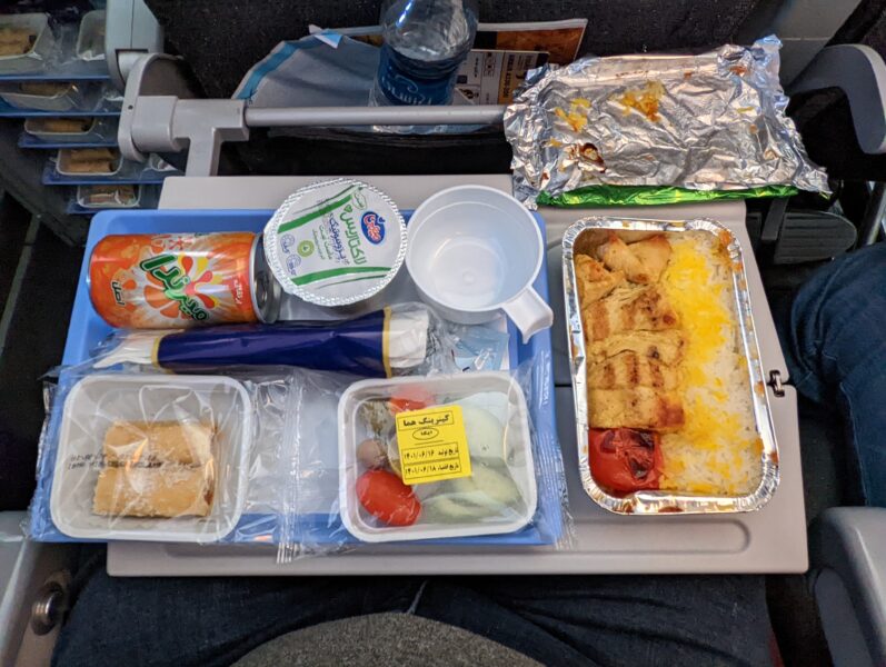 IranAir chicken kabob and saffron rice, Frankfurt to Tehran, photo by Ali Torkzadeh, EscapefromTehran.com